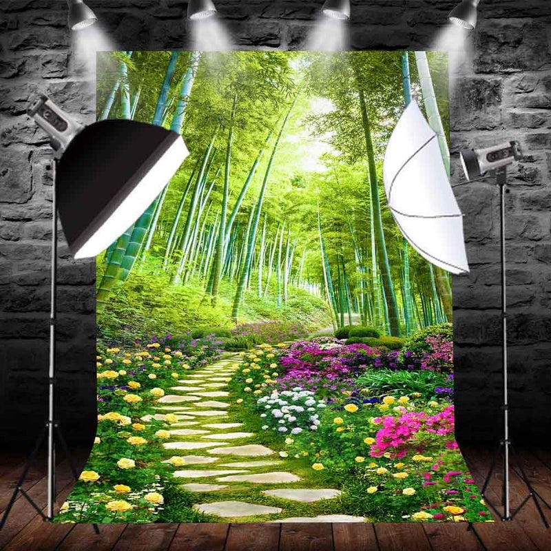 FHZON 5x7ft Park Stone Path Photography Background Bamboo Forest Flower Backdrop Walking Travel Theme Party Photo Booth Video Studio Props LXFH334 - Image 3
